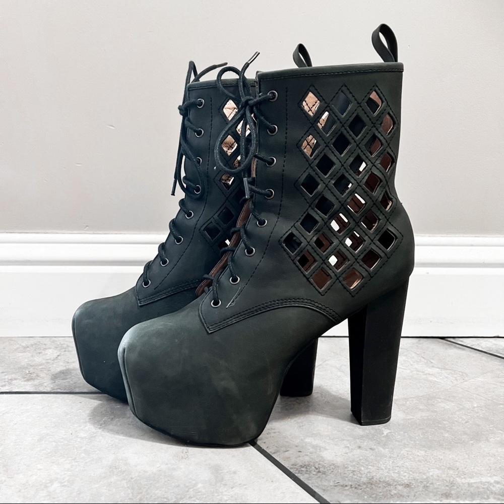 Jeffrey Campbell Spade Black Washed Lace Up Platform Block Heel Boots